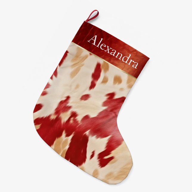 Cream Ivory Red Western Cowhide Weihnachtsname Großer Weihnachtsstrumpf (Vorderansicht (hängend))