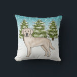 Cream Labrador Retriever Blue Winter Christmas Kissen<br><div class="desc">Desteis originelle Cartoon Illustration eines niedlichen englischen Cremes Labrador Retriever Rasse Hund. Der Hund ist in einer Winterlandschaft mit drei grünen Tannenbäumen und fallendem Schnee untergebracht. Der Hintergrund ist ein blaues bis weißes Gefälle,  das das Design des kalten Wintertages verleiht.</div>
