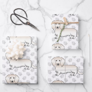 Cream Langhaar-Dachshund Süßer Hund Muster & Pfote Geschenkpapier Set