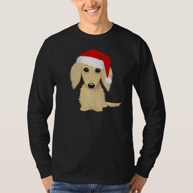 Cream Longhahaarige Dackel Weihnachten T-Shirt (Vorderseite)