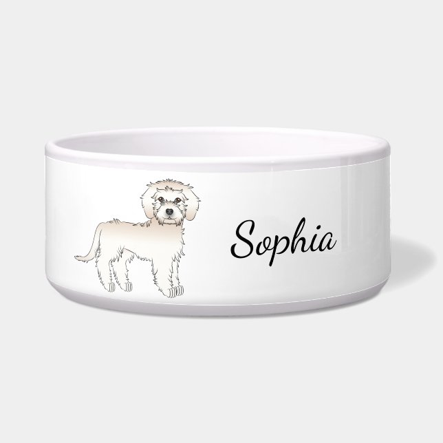Cream Mini Goldendoodle Dog Stehend & Name Napf (Vorderseite)