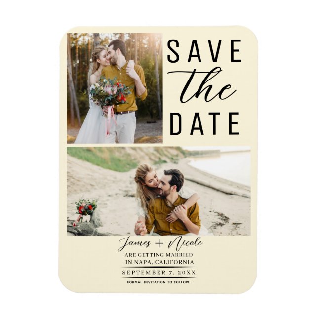 Cream Modern 2 Fotos Save the Date Hochzeit Magnet (Vertikal)