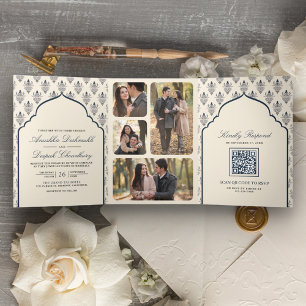 Cream Navy Blue Ikat auf einer indischen Hochzeit Dreifach Gefaltete Einladung