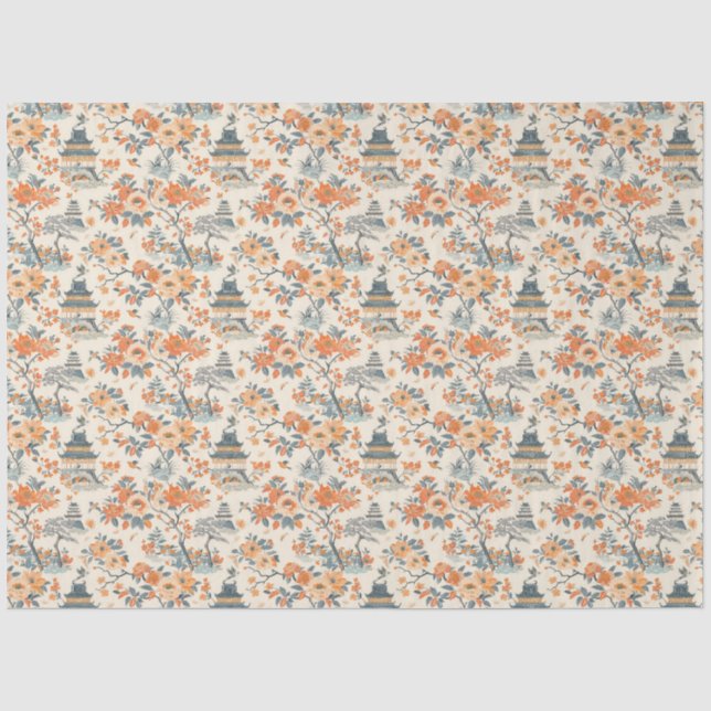 Cream Orange Floral House Chinoiserie Seidenpapier (Vorderseite)