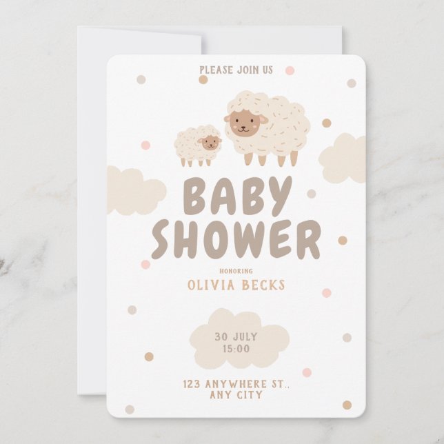 Cream Pastel Illustrative Baby Dusche Einladung (Vorderseite)