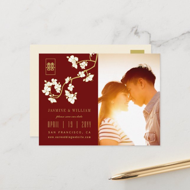 Cream Peach Blossom chinesische Hochzeit retten da Ankündigungspostkarte (Vorderseite/Rückseite Beispiel)