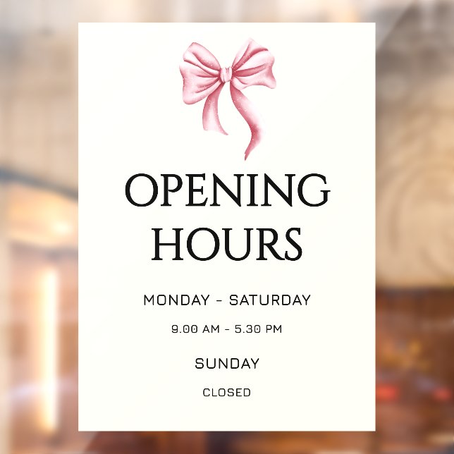 Cream Pink Bow Opening Hours Small Business Fensteraufkleber (Blatt 2)