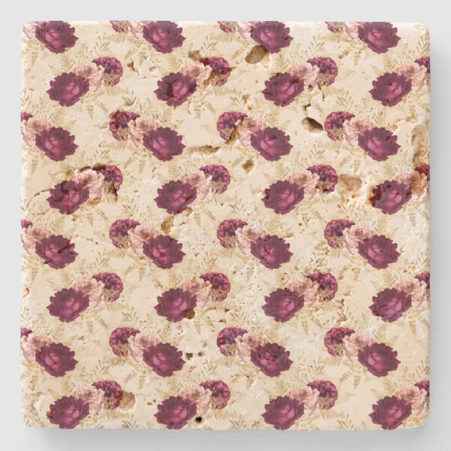 Cream Pink Burgundy Floral Steinuntersetzer (Vorderseite)