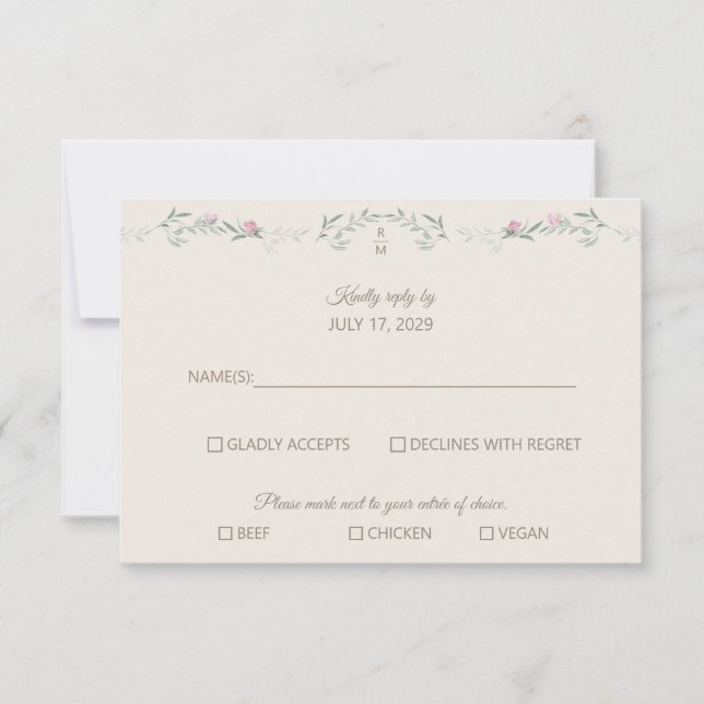 Cream Pink Foliage Monogram RSVP Response Card (Devant)