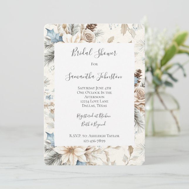 Cream Poinsettia Blue Floral Brautparty Einladung (Stehend Vorderseite)