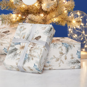 Cream Poinsettia Blue Floral Christmas Geschenkpapier