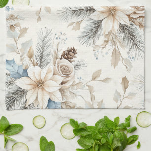 Cream Poinsettia Blue Floral Christmas Geschirrtuch