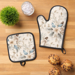 Cream Poinsettia Blue Floral Christmas Ofenhandschuh & Topflappen-Set