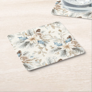 Cream Poinsettia Blue Floral Christmas Rechteckiger Pappuntersetzer