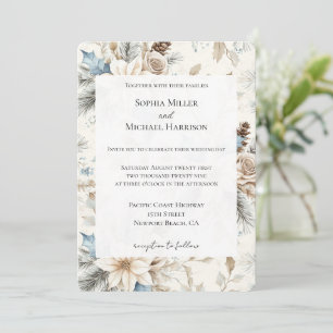 Cream Poinsettia Blue Floral Wedding Einladung