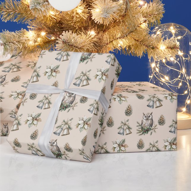 Cream Poinsettia Blume Owls Bells Geschenkpapier (Feiertage)