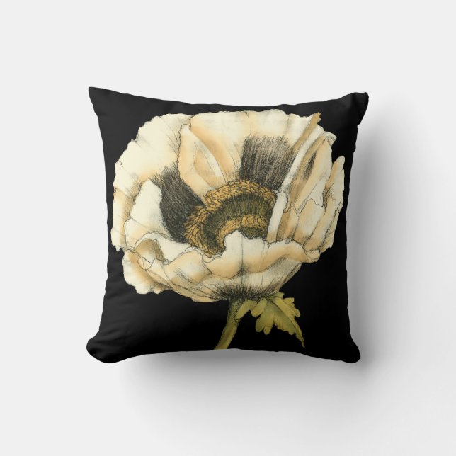 Cream Poppy Blume im schwarzen Hintergrund Kissen (Vorderseite)