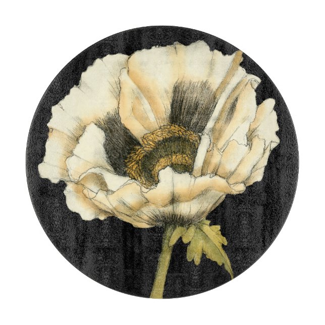 Cream Poppy Blume im schwarzen Hintergrund Schneidebrett (Vorderseite)