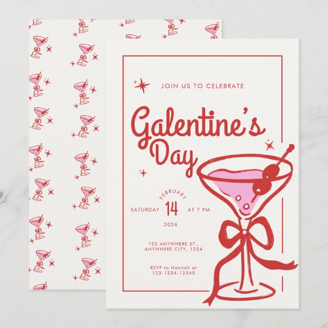 Cream Red Bow Cocktail Galentine’s Day Einladung (Vorne/Hinten)