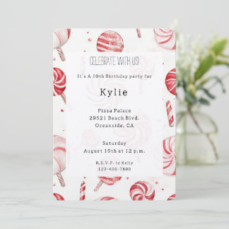 Cream Red Candy Cane Stripes Lollipops Birthday Einladung