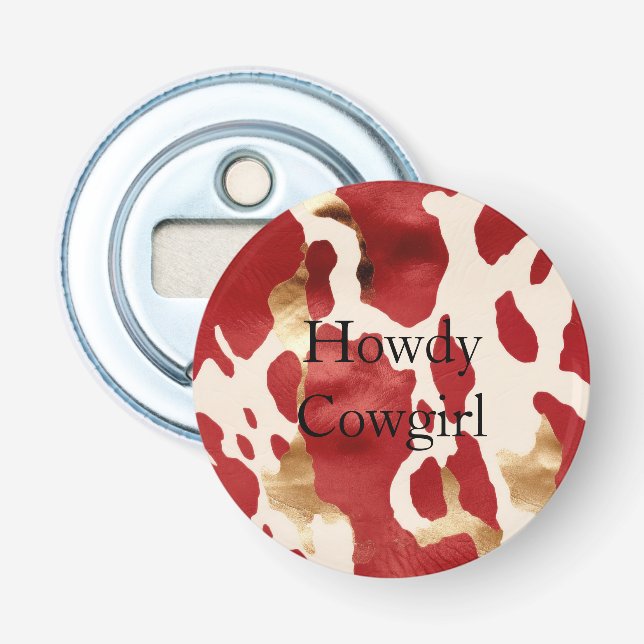 Cream Red Gold Western Cowhide Howdy Flaschenöffner (Vorderseite)