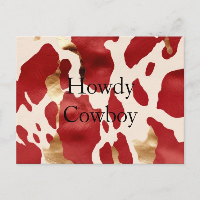 Cream Red Gold Western Cowhide Howdy Postkarte (Vorderseite)
