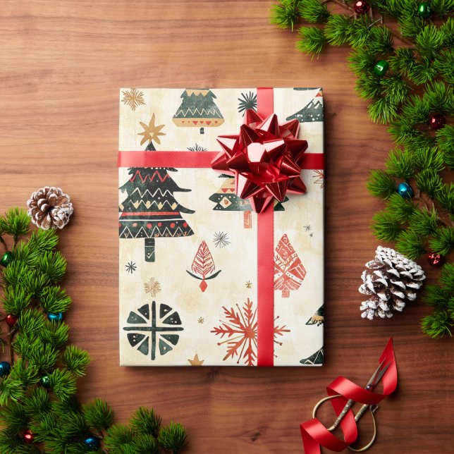 Cream Red Green Western Weihnachtsbaumen Geschenkpapier (Feiertagsgeschenk)