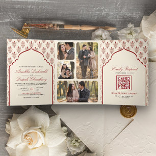 Cream Red Ikat auf einer indischen Hochzeit Dreifach Gefaltete Einladung