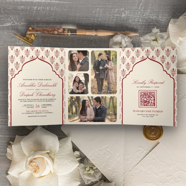 Cream Red Ikat auf einer indischen Hochzeit Dreifach Gefaltete Einladung (Von Creator hochgeladen)