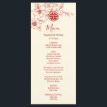 Cream Red Magnolia Chinese Wedding Menu Card Menükarte<br><div class="desc">Diese Karte bietet einen Blumenzweig in roter Magnolia auf einem cremefarbenen Hintergrund. Mit eigenen Braut- und Bräutigamen,  dem Hochzeitstermin und einem eigenen Menütext. Auf der Rückseite in rot sind die Initialen zu ändern.</div>