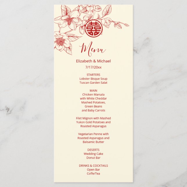 Cream Red Magnolia Chinese Wedding Menu Card Menükarte (Vorderseite)
