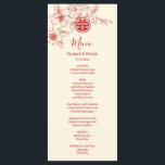 Cream Red Magnolia Chinese Wedding Menu Card Menükarte<br><div class="desc">Diese Karte bietet einen Blumenzweig in roter Magnolia auf einem cremefarbenen Hintergrund. Mit eigenen Braut- und Bräutigamen,  dem Hochzeitstermin und einem eigenen Menütext. Auf der Rückseite in rot sind die Initialen zu ändern.</div>