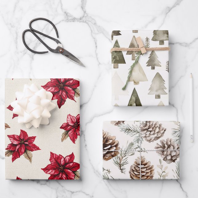 Cream Red Poinsettia Weihnachten Geschenkpapier Set (Vorderseite)