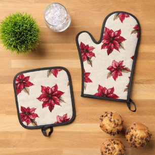 Cream Red Poinsettia Weihnachten Ofenhandschuh & Topflappen-Set