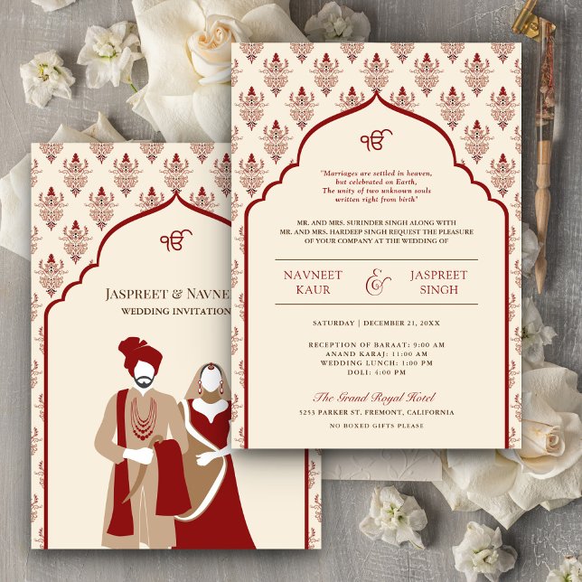 Cream Red Punjabi Anand Karaj Sikh Wedding Einladung (Von Creator hochgeladen)