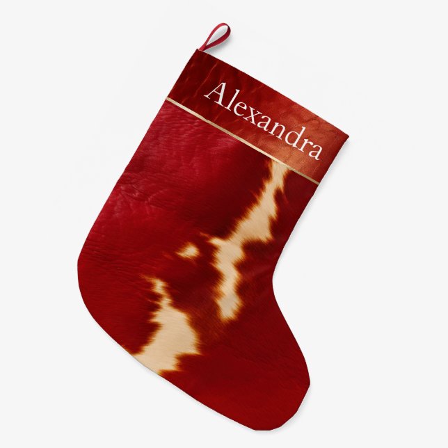 Cream Red Western Cowhide Weihnachtsname Großer Weihnachtsstrumpf (Vorderansicht (hängend))