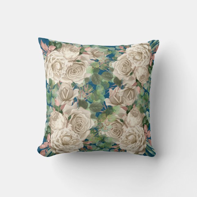 CREAM ROSE EUCALYPTUS BOTANISCHER BLAU KISSEN (Vorderseite)
