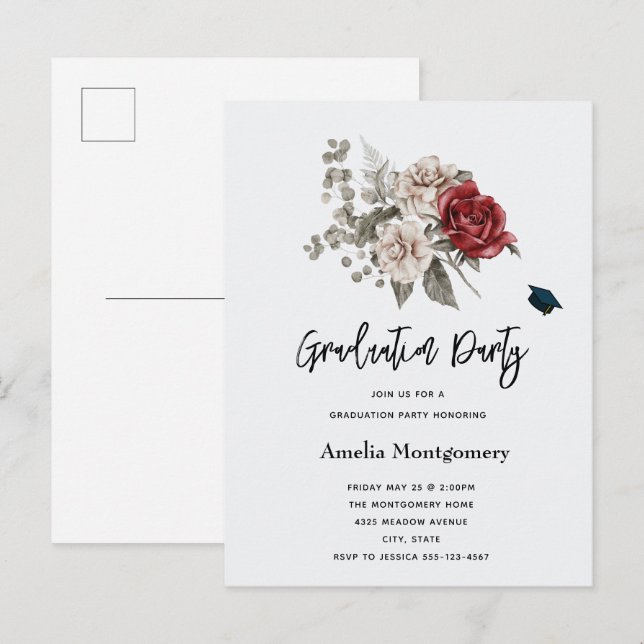 Cream & Rote Rose Boho Blume Bouquet Abschluss Einladungspostkarte (Vorne/Hinten)