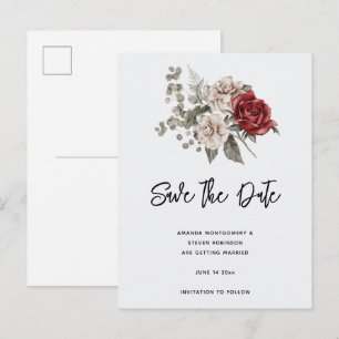 Cream & Rote Rose Boho Blume Bouquet Einladungspostkarte