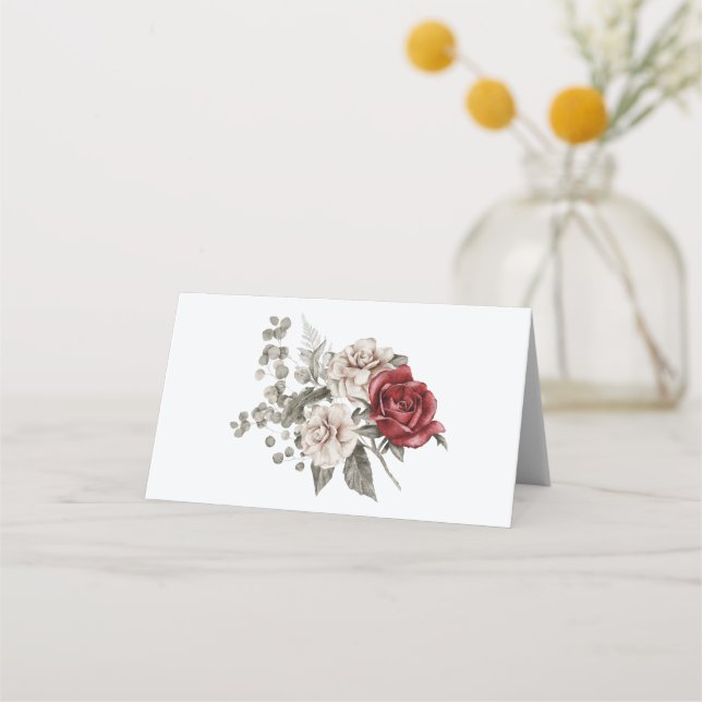 Cream & Rote Rose Boho Blume Bouquet Platzkarte (Vorderseite)