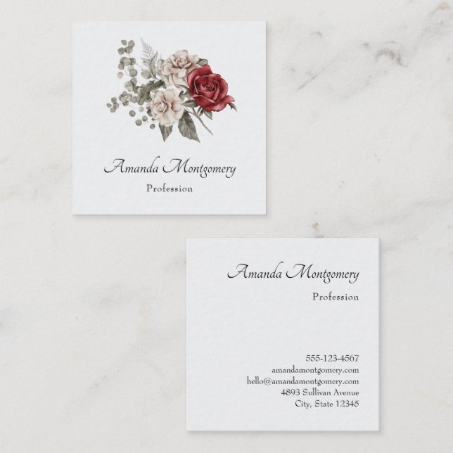Cream & Rote Rose Boho Blume Bouquet Quadratische Visitenkarte (Vorne/Hinten)