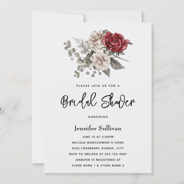Cream & Rote Rose Boho Floral Bouquet Brautparty Einladung (Vorderseite)