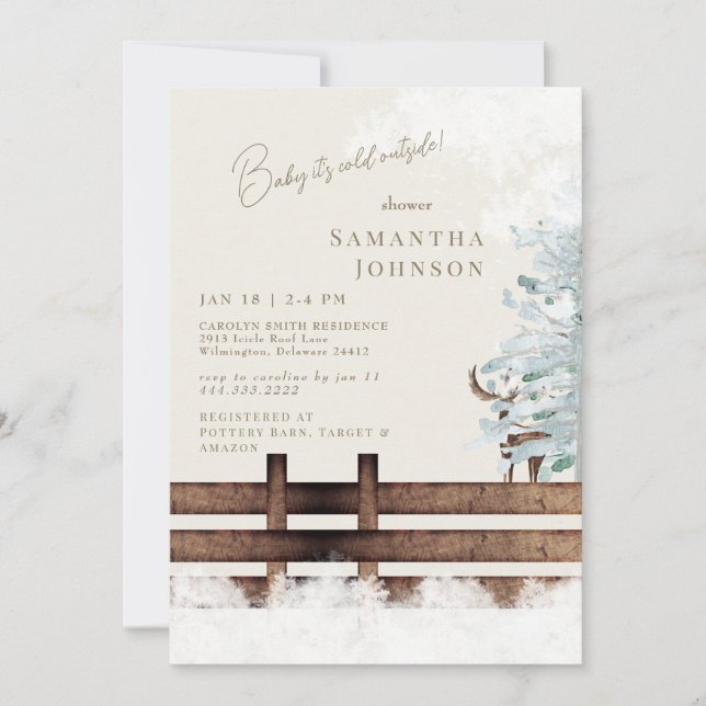 Cream Rustic Woodland Baby ist kalt draußen Einladung (Vorderseite)