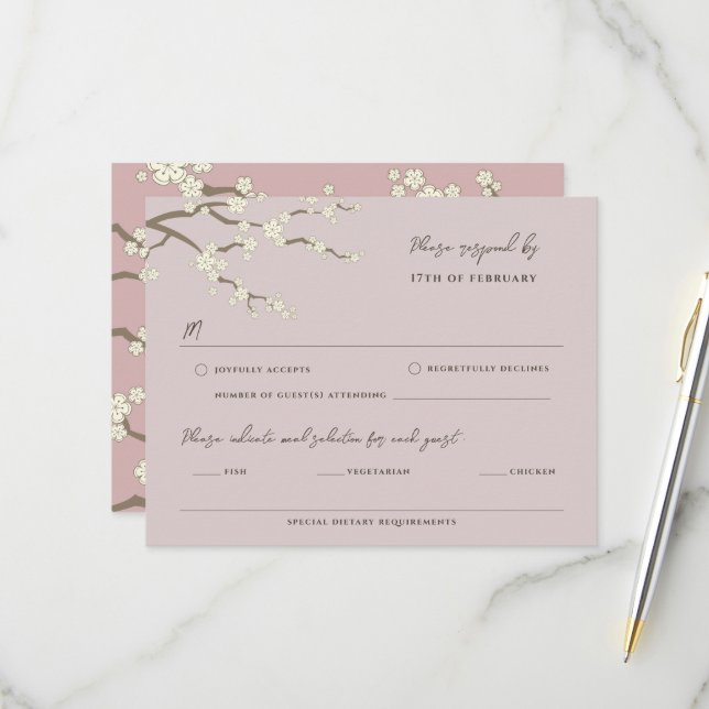 Cream Sakura Blume Kirschblüten Rosa Hochzeit RSVP Karte (Vorderseite/Rückseite Beispiel)