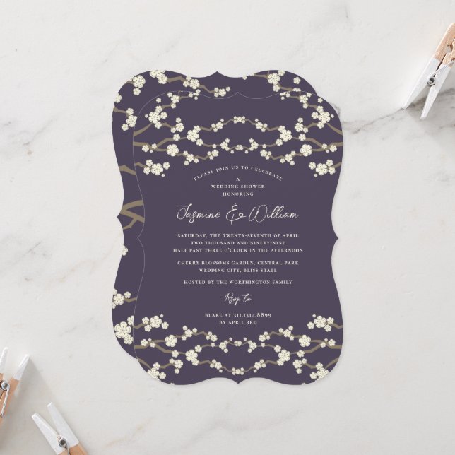 Cream Sakura Kirschblüten Lila Hochzeit Asiens Einladung (Vorderseite/Rückseite Beispiel)