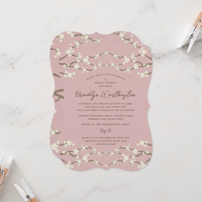 Cream Sakura Kirschblüten Rosa Brautparty Einladung (Vorderseite/Rückseite Beispiel)