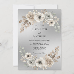 Cream Sepia Pfingstrosen-Hochzeit Einladung