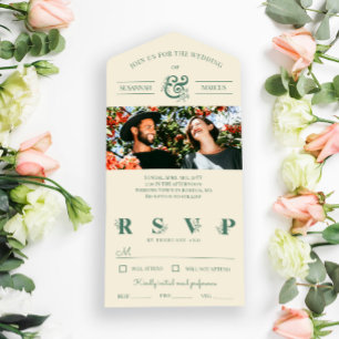 Cream Slate Green Floral Ampersand Foto Hochzeit All In One Einladung