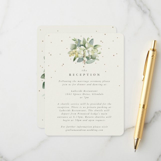 Cream Snowberry+Eucalyptus Bouquet Empfang Begleitkarte (Vorderseite/Rückseite Beispiel)