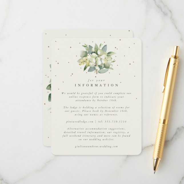 Cream Snowberry+Eucalyptus Bouquet Wedding Info Begleitkarte (Vorderseite/Rückseite Beispiel)